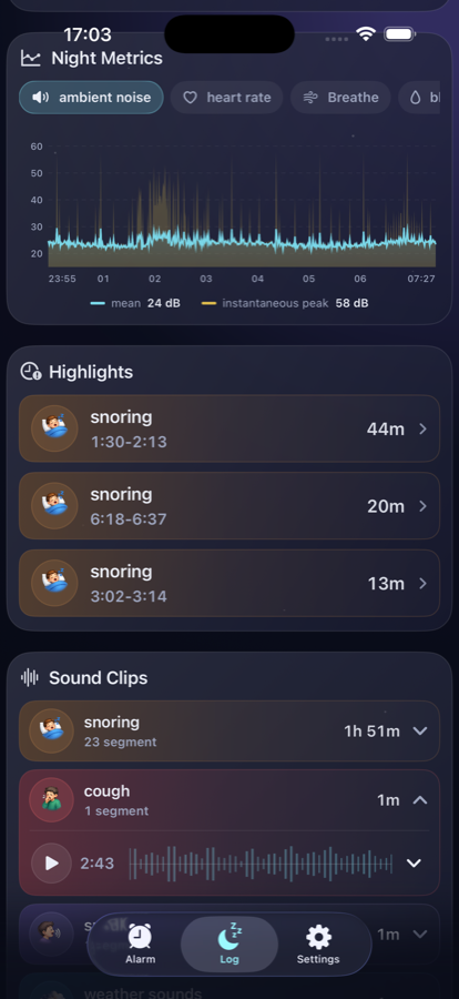 Snorvia night sounds screen